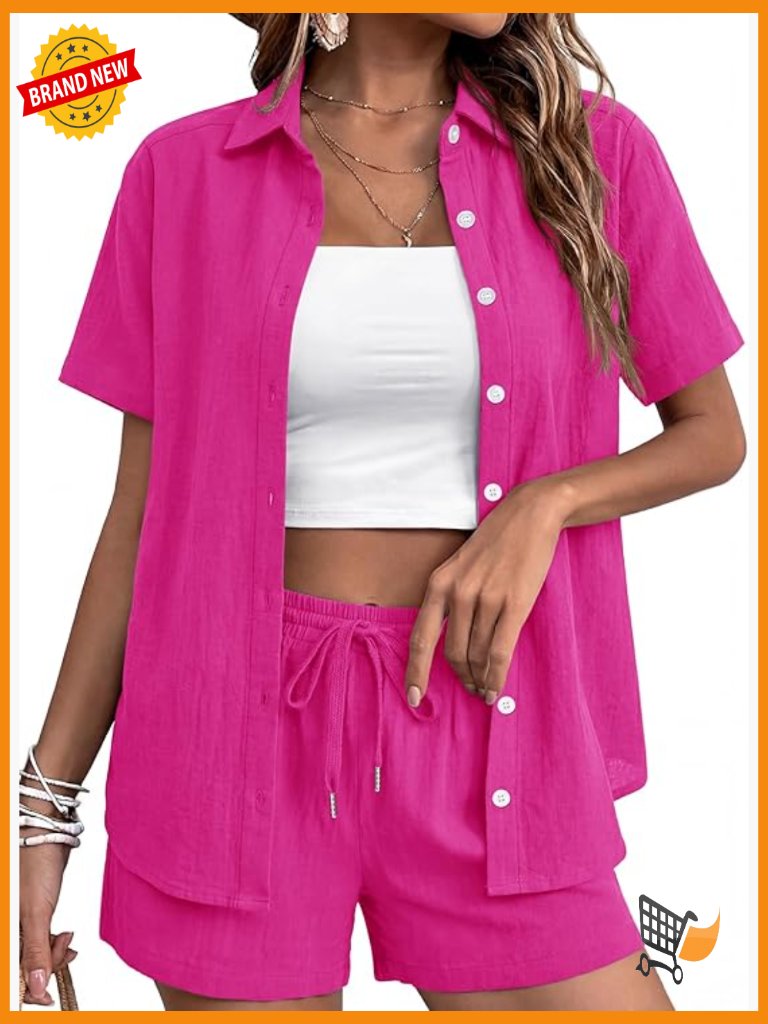 Women's 2 Piece Button Down Short Sleeve Shirt Set, Office Travel Outfit